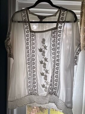 CJ Banks Ivory Sheer Embroidered Peasant Blouse